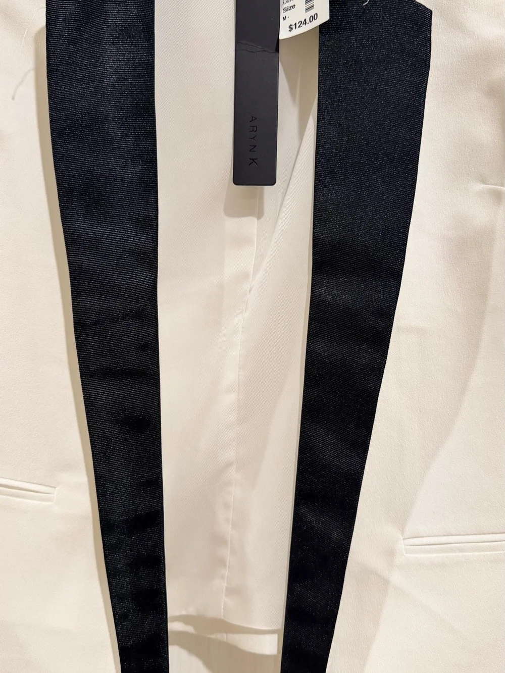 Crisp White Open-Front Blazer with Black Lapel Accents